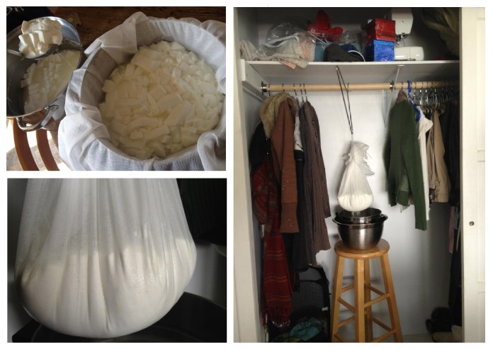 Carefully ladled out the cheese, placed in a strainer lined with cheese cloth, then strung  it up in the closet where Calico (Diminutive Roommate's insane cat) wouldn't try to eat it.  There it strained for six hours until it was ready to get salt sprinkled on.  Then we ate some and it was glorious.