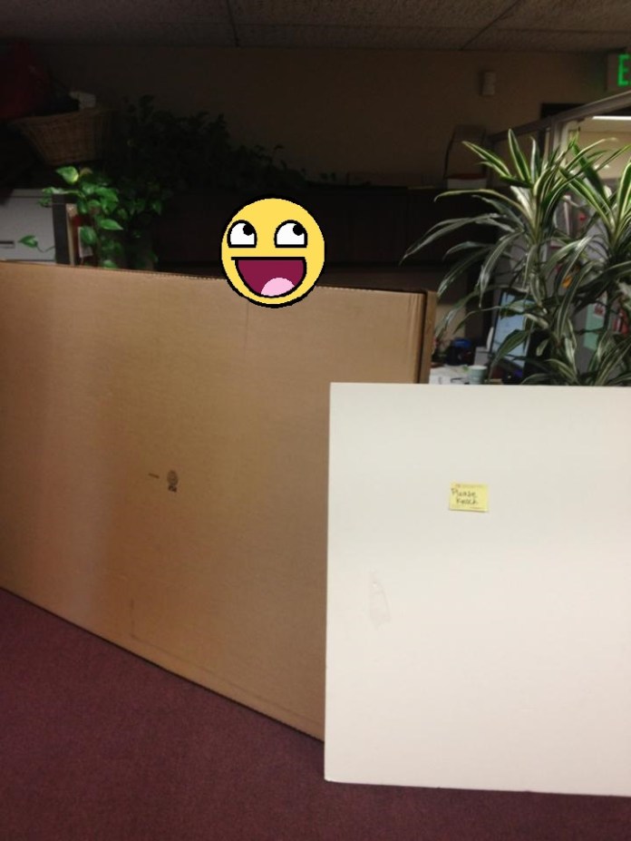 the white poster board has a sign that says "please knock"